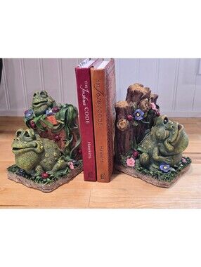 Vintage 1999 BTC Frog Follies Whimsical Heavy Resin Family Bookends Pair EUC
